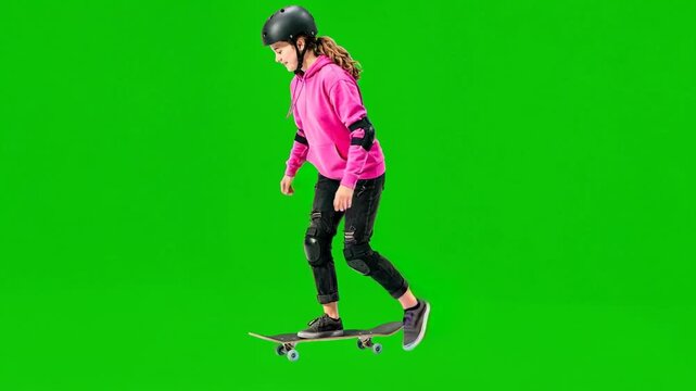little girl skating isolated on green screen background for vfx projects