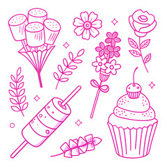 Set of 8 whimsical marshmallow and floral pictogram icons, pastel colors, line art, marshmallow skewer, bouquet, cupcake decoration, isolated icons