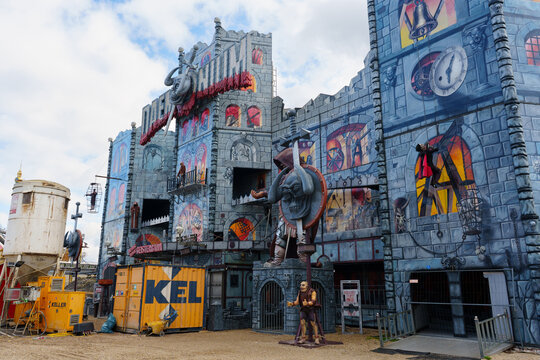Vienna, Austria - February 24, 2026: Daemonium Ghost Train Ride Facade at Prater Amusement Park Vienna