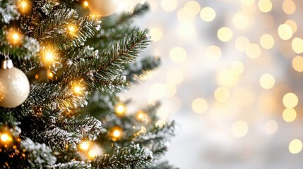 A close-up view of a snow-dusted Christmas tree adorned with warm, twinkling fairy lights, creating a magical holiday atmosphere with a soft bokeh background.