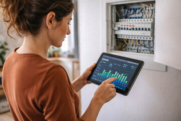 Home energy monitoring dashboard on tablet while inspecting electrical fuse box representing smart home electricity management