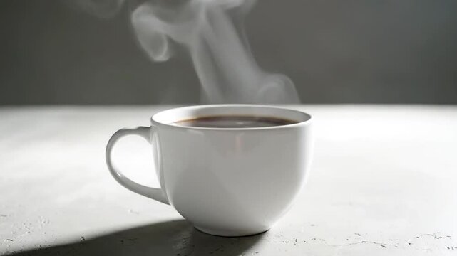 Steaming hot coffee in white cup.