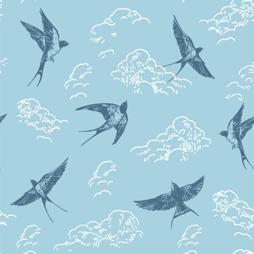 Swallows flying in the clouds, hand-drawn sketch, seamless pattern