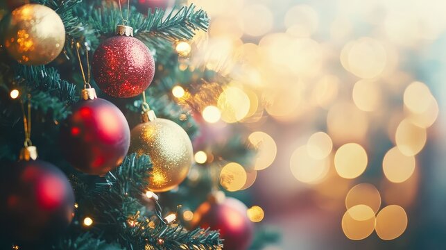 A close-up view of a decorated Christmas tree with shimmering lights and colorful ornaments, creating a warm and festive atmosphere.