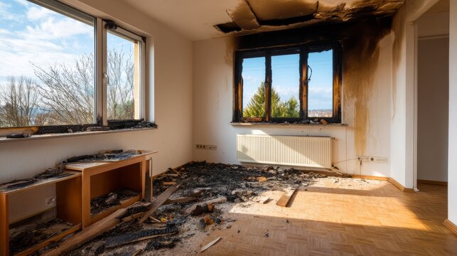 Charred Room After Wildfire with Smoke Damage and Burnt Stains on Walls