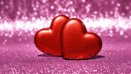 Obraz premium Two glossy red hearts rest gently on glittering pink surface