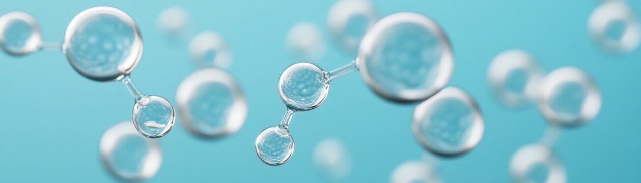 Abstract 3D render Crystal-clear, fluid molecular structures (diatomic bonds, e.g., hydrogen) floating on a serene blue backdrop, symbolizing science, purity and hydration. Chemistry,
