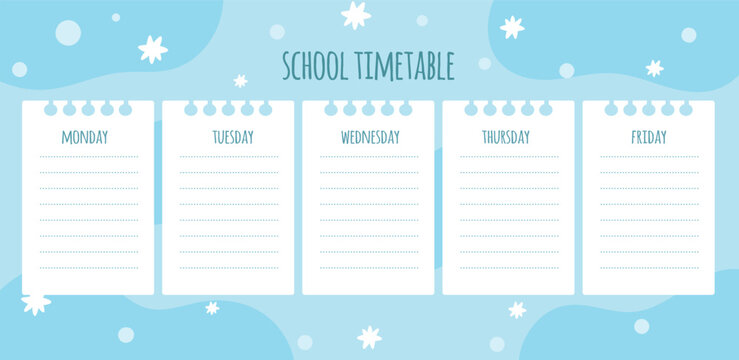 School timetable template. Weekly planner for school subjects. Lessons planning list. Blank notepaper pages. Daily organizer reminder. Children education. Vector students schedule design