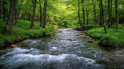 Obraz premium A serene forest river flows through lush green trees and rocky terrain, showcasing the tranquil beauty of nature.
