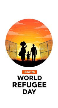 World refugee day poster with a family silhouette against a gate at sunset background