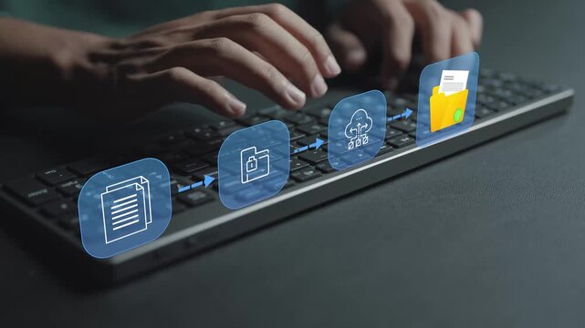 Digital document security system concept. Person typing keyboard with encrypted file and security icons, confidential data protection, secure document management and cybersecurity.