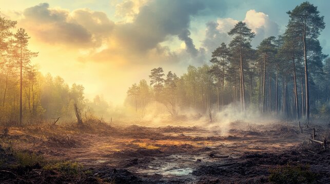 Barren deforested region with dramatic smoky haze and textured earth under golden cloudy sky