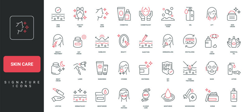 Beauty treatment and care for healthy skin, dermatology, cosmetology line icon set. Skincare procedures and hygiene, day and night cream, serum thin black and red outline symbols vector illustration