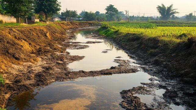 Agricultural chemical runoff contaminates a rural water ditch leading to affected crops under a clear sky
