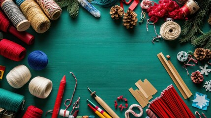 Christmas crafting supplies arranged on a green textured surface for DIY holiday decorations and ornaments
