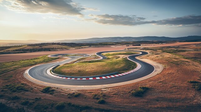 Aerial view of a winding race track with vibrant curbing and a vast, sun-drenched landscape, capturing the essence of high-speed automotive competition.