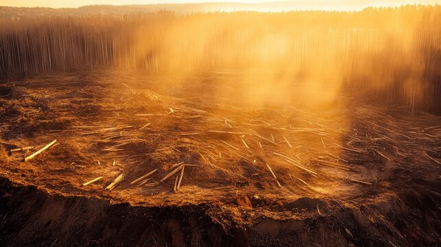 Barren Landscape of Cleared Forest with Golden Sunlight and Scattered Logs, Showing Environmental Destruction