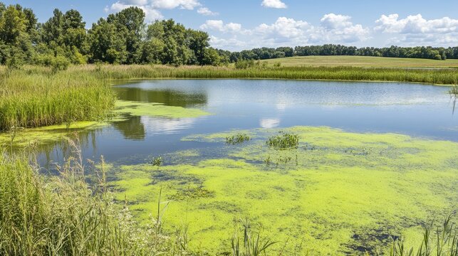 Bright Sunlight Illuminates a Rural Lake with a Vibrant Algal Bloom Creating a Symmetrical and Serene Natural Landscape.