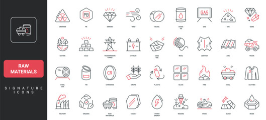 Raw materials, wood and glass, plastic and iron ore, gold and coal mine and drill line icon set. Metal and steel coil, uranium, leather and wool thin black and red outline symbols vector illustration © Icon Majesty