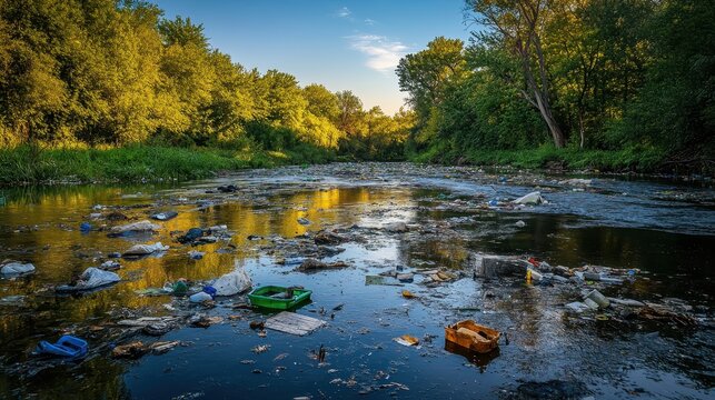 Floating trash and plastic debris accumulating on the surface of a polluted river surrounded by lush green trees, showcasing a critical environmental issue.