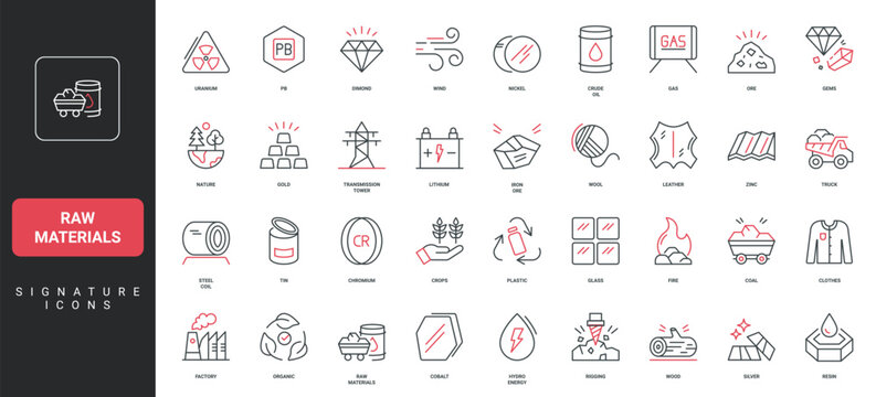 Raw materials, wood and glass, plastic and iron ore, gold and coal mine and drill line icon set. Metal and steel coil, uranium, leather and wool thin black and red outline symbols vector illustration
