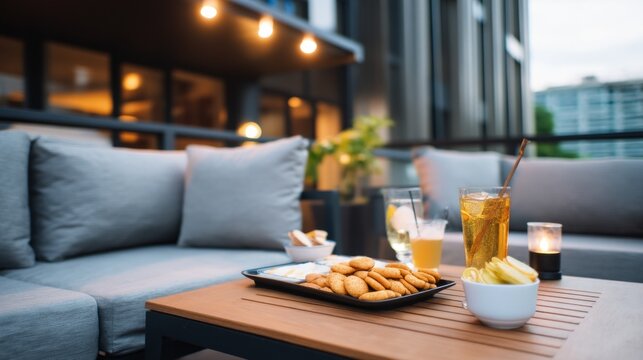 Cozy Outdoor Lounge Setup with Snacks and Drinks for a Breezy Evening