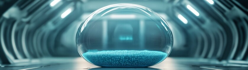 Central transparent capsule containing a vibrant blue digital data core, set in a futuristic, sleek sci-fi corridor. Concept Incubation of AI, AI, Digital