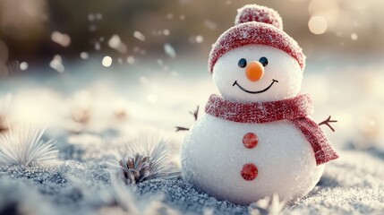 Obraz premium Charming Snowman Wearing a Festive Hat and Scarf in a Winter Wonderland Setting