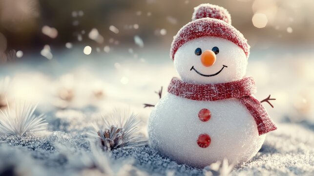 Charming Snowman Wearing a Festive Hat and Scarf in a Winter Wonderland Setting