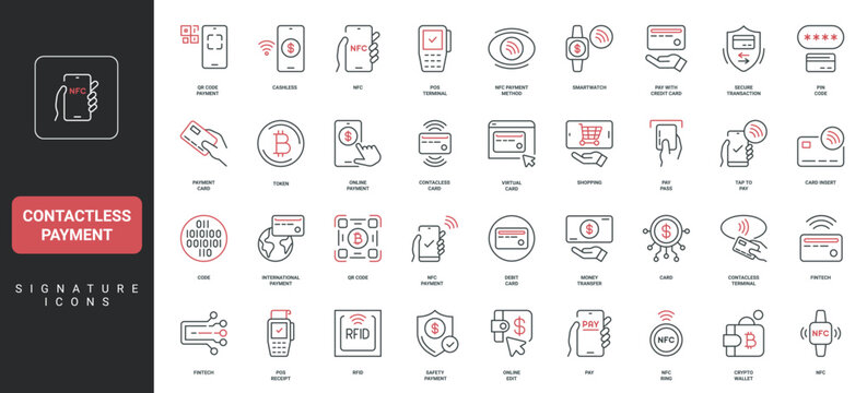 Contactless and cashless payment, online money transfer, terminal and card line icon set. NFC and pay pass, smartwatch and smartphone app thin black and red outline symbols vector illustration