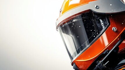 Fototapeta premium Close-up of an orange racing helmet with a clear visor, highlighting safety and automotive sport equipment.