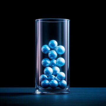Clear glass cylinder containing luminous blue spheres, stacked in a minimalist composition against a dark backdrop, evoking abstract science or digital data. ,render ,technology
