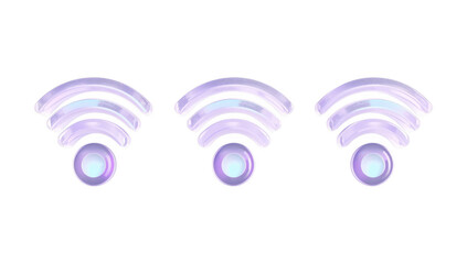 Three purple Wi Fi symbols with glowing centers isolated on a transparent background wifi wi-fi