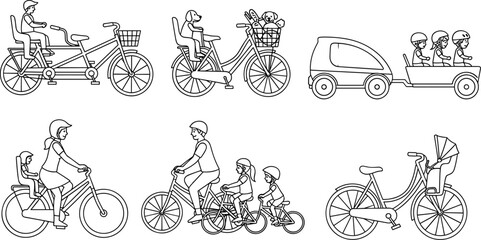 Obraz premium Collection of diverse family cycling illustrations with various bike types and carriers