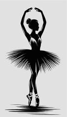 A vector illustration in black with very thin lines in a minimalist style, depicting the silhouette of a ballerina. © Dzianis