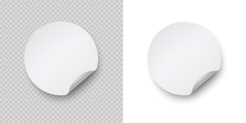 Round paper sticker with bent edge. Blank label isolated on transparent and white backgrounds. Vector circle curl banner
