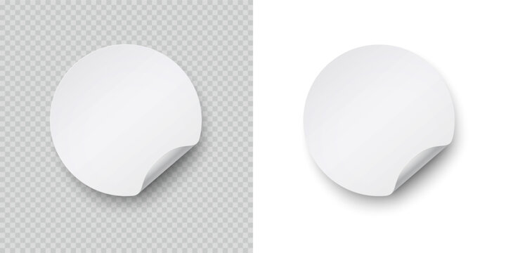 Round paper sticker with bent edge. Blank label isolated on transparent and white backgrounds. Vector circle curl banner