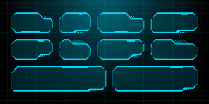 Set of blue glowing hud vector graphics frames. Futuristic user interface button elements. Sci-fi digital holographic information box for game design, software dashboard and data display.