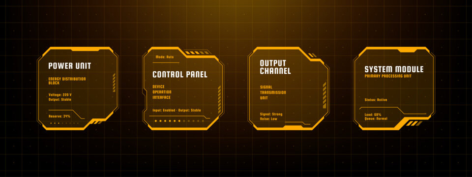 Futuristic hud interface with digital data panels. Abstract ui design elements for technology dashboard. Information display for system monitoring and telemetry. Cybernetic grid graphic.