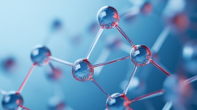 Dynamic 3D molecular structure clear, reflective spheres with red-lit bonds, symbolizing scientific innovation, research and advanced technology. ,Nanotechnology ,Chemistry