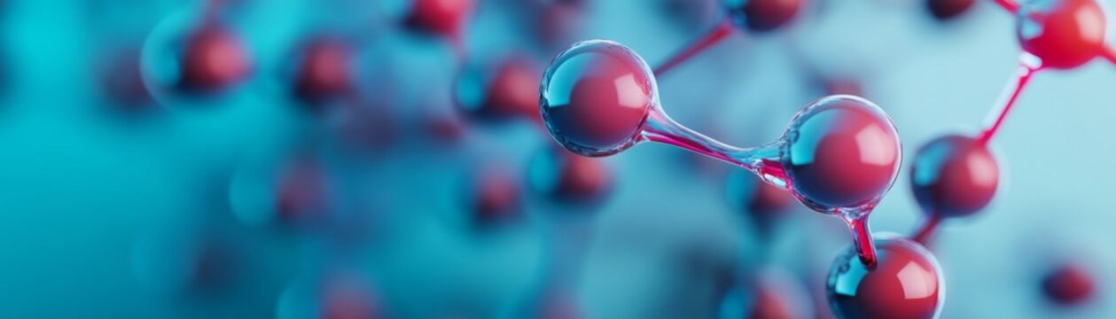 Dynamic 3D molecular network Close-up of glossy red spheres joined by fluid-like translucent bonds on a blue gradient. Concept Chemistry, biology, medical research, atoms, scientific