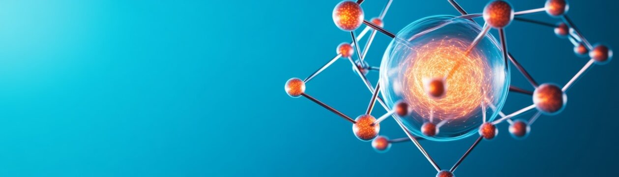Dynamic 3D Molecular Structure Glowing central energy core within intricate bonds on vibrant blue. Ideal for science, tech, innovation. ,Chemistry ,Quantum