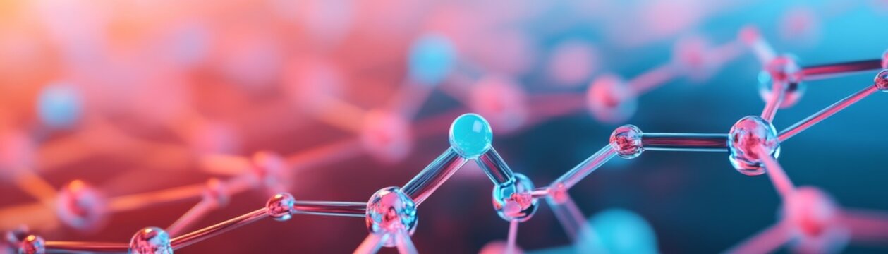 Dynamic 3D molecular structure Glass spheres and bonds in a vibrant red-blue glow, highlighting a central blue atom. Concept of science, tech, data and interconnectedness. innovation,