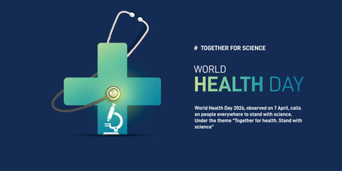 world health day 2026. world health day concept banner, poster, social media post, postcard, background, backdrop, template, greetings card, cover design. Together for science © MstMouluda