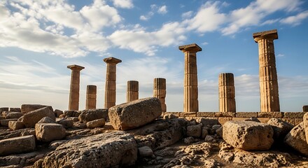 Weathered stone columns of an ancient structure stand against a cloudy sky