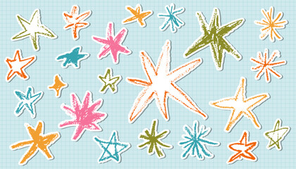 Obraz premium Hand-drawn colorful stars stickers set with a textured oil pastel and crayon effect on a light blue grid background. This whimsical sticker-style collection is perfect for nursery decor, scrapbooking.