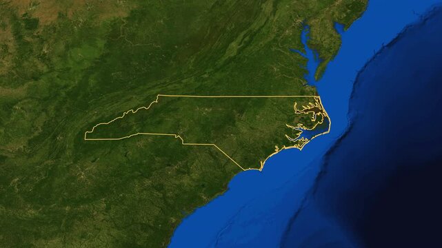 North Carolina high resolution 4k satellite earth map zoom cinematic animation 3d drop shadow highlighting American state borders for US travel tourism geography and geopolitical national 