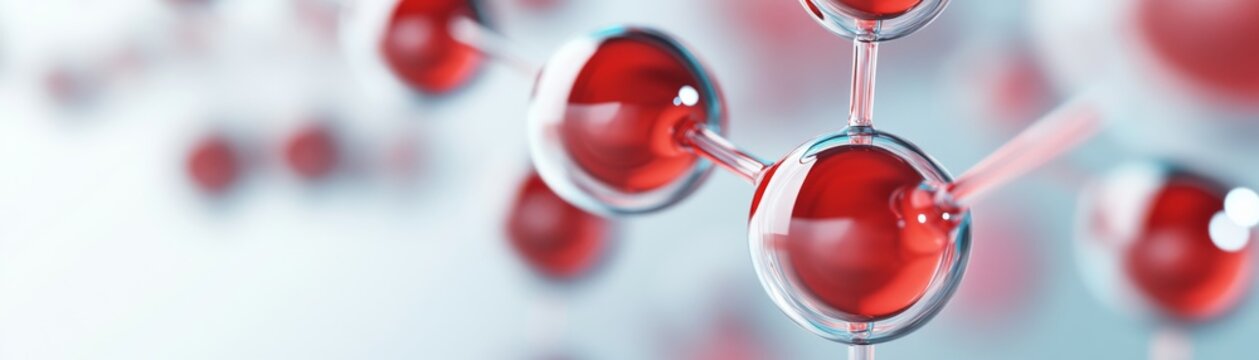 Dynamic red molecules with clear, interconnected bonds in sharp focus against a soft blue background. Represents advanced scientific research and biological systems., Biotech,