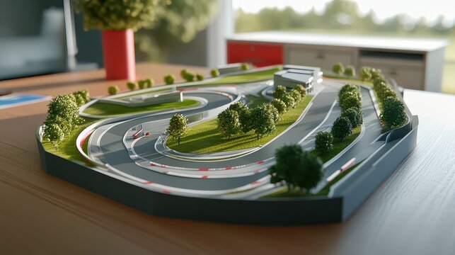 Intricate Miniature Racing Circuit Design Displayed with Detailed Close-Up Views in an Office Setting.