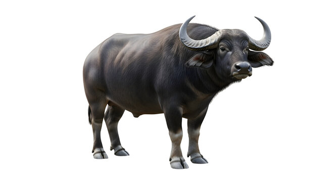 African Cape Buffalo isolated on white background, powerful wild water buffalo bull with large horns, majestic savanna animal for wildlife education